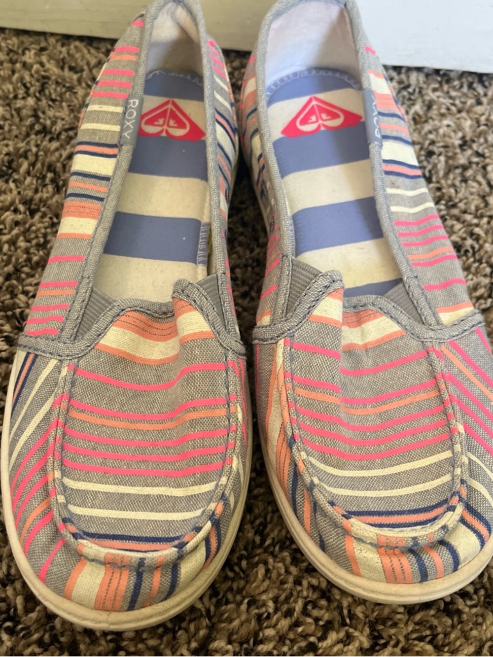 Roxy Canvas Slip-On Flats in Gray with Pink & Blue Stripes